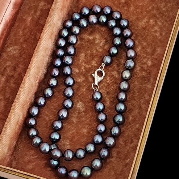 Peacock Blue Pearl Necklace 925 Sterling Silver Clasp Hand Knotted A0039 - Picture 8 of 15